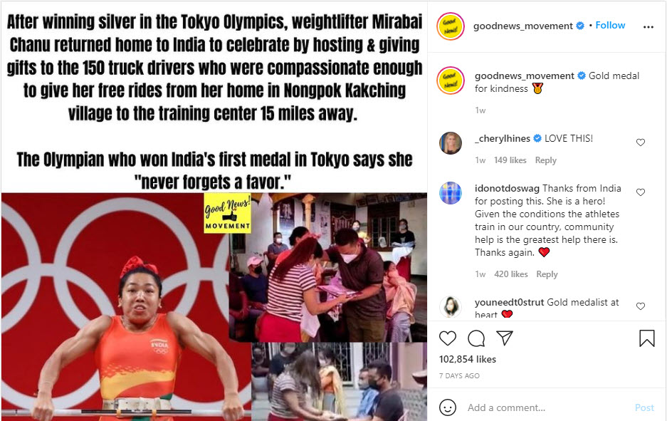 Indian Weightlifter's Instagram page showing lifting weight sand giving present to the truckdrivers
